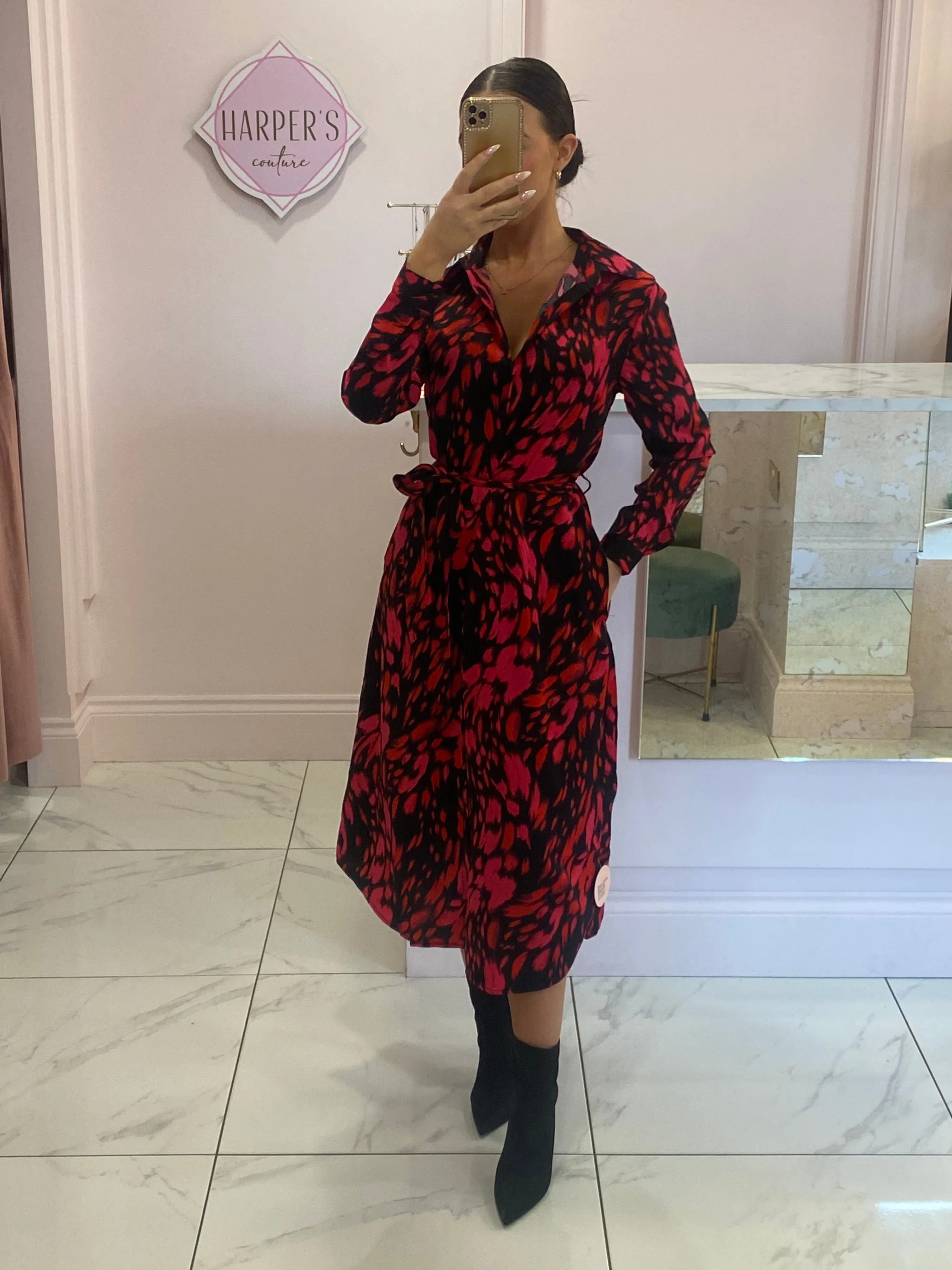 Julie Black, Pink & Red Print Midi Shirt Dress