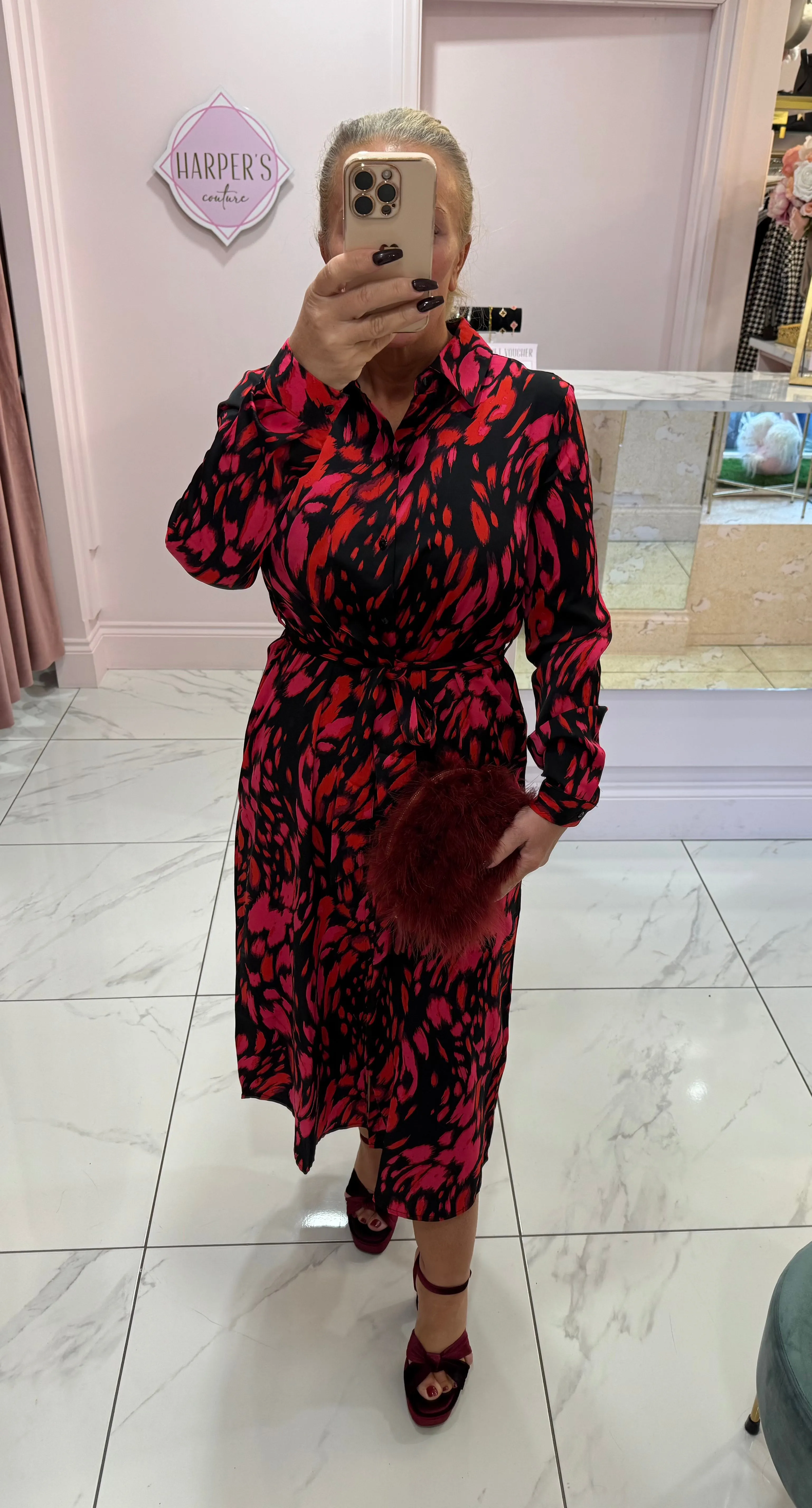 Julie Black, Pink & Red Print Midi Shirt Dress