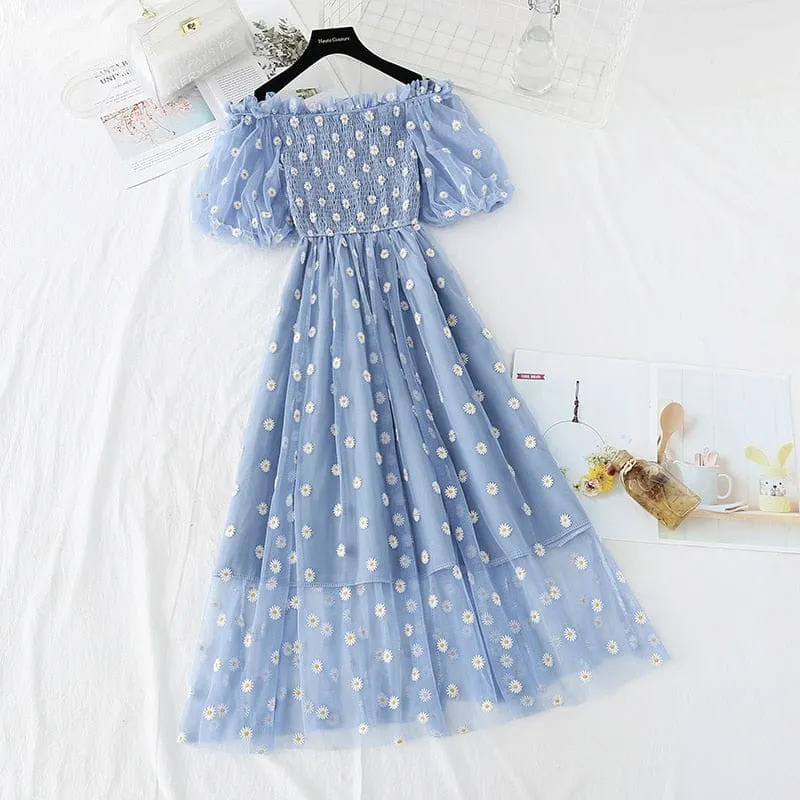 Kawaii Daisy Puff Sleeve Summer Dress