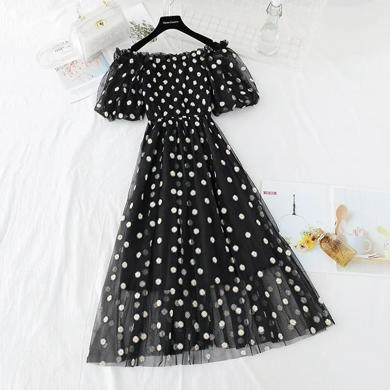 Kawaii Daisy Puff Sleeve Summer Dress