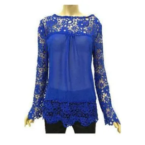 Ketty More Women's Hollow Lace Long Sleeve Chiffon Blouses Shirts-KMWSB808