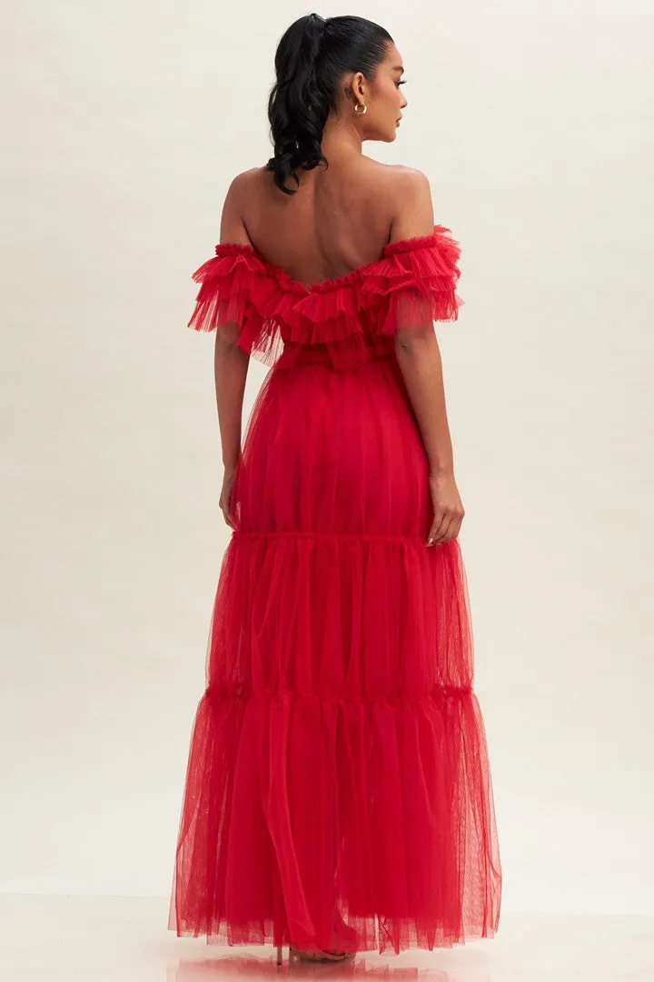 Kiana Tiered Tulle Red Maxi Dress