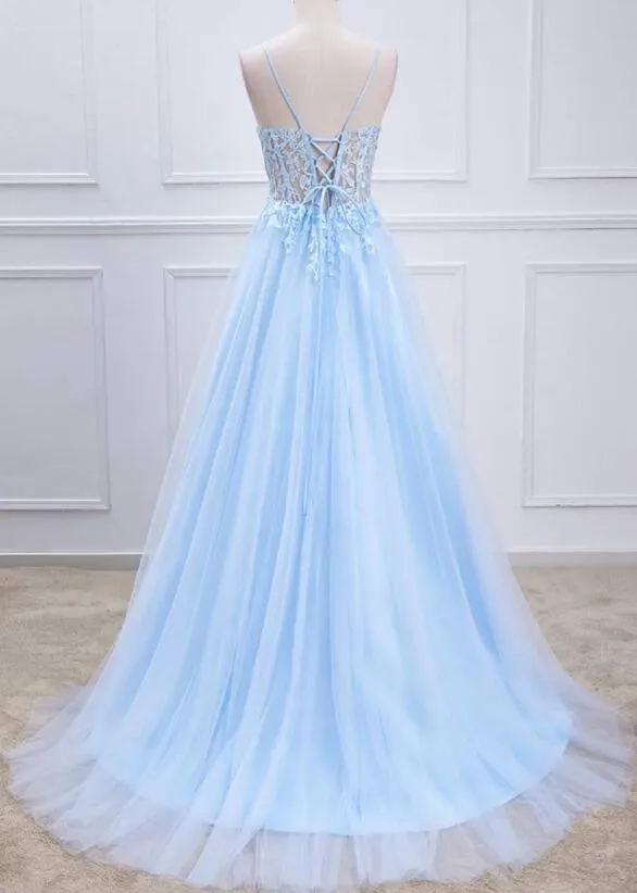 Lace-Up Light Blue Sheer Corset A-Line Long Prom Dress PC1344