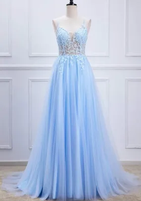 Lace-Up Light Blue Sheer Corset A-Line Long Prom Dress PC1344