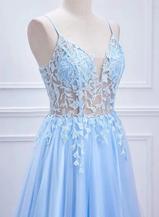 Lace-Up Light Blue Sheer Corset A-Line Long Prom Dress PC1344