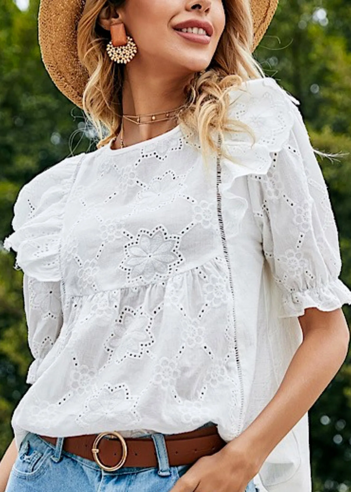 Leah, Womens Eyelet Blouse, Short Sleeves, White