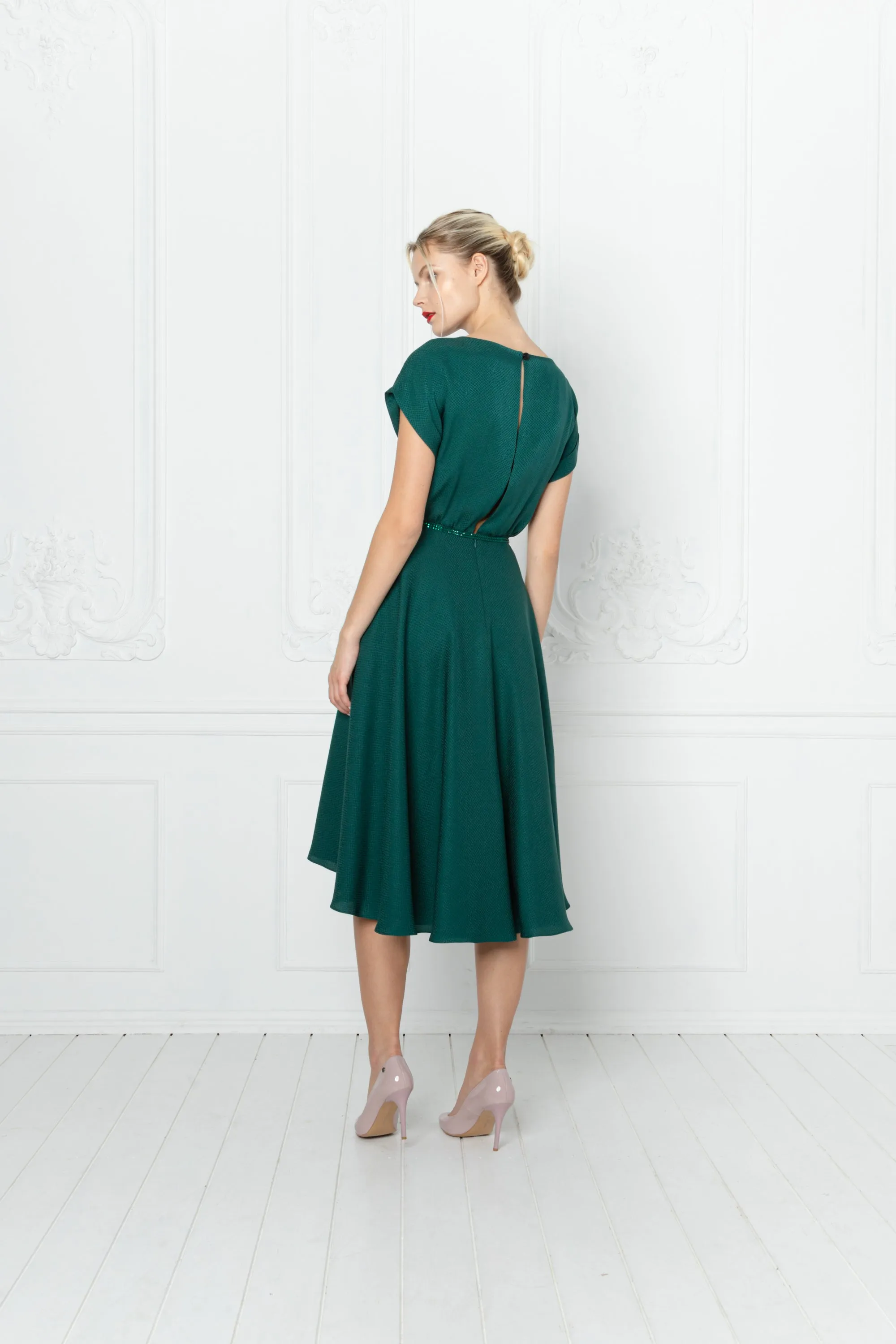 LEIBNITZIA EMERALD GREEN SILK DRESS WITH THE BELT