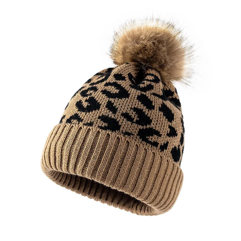 Leopard-print rolled-trimmed pom-pom hat