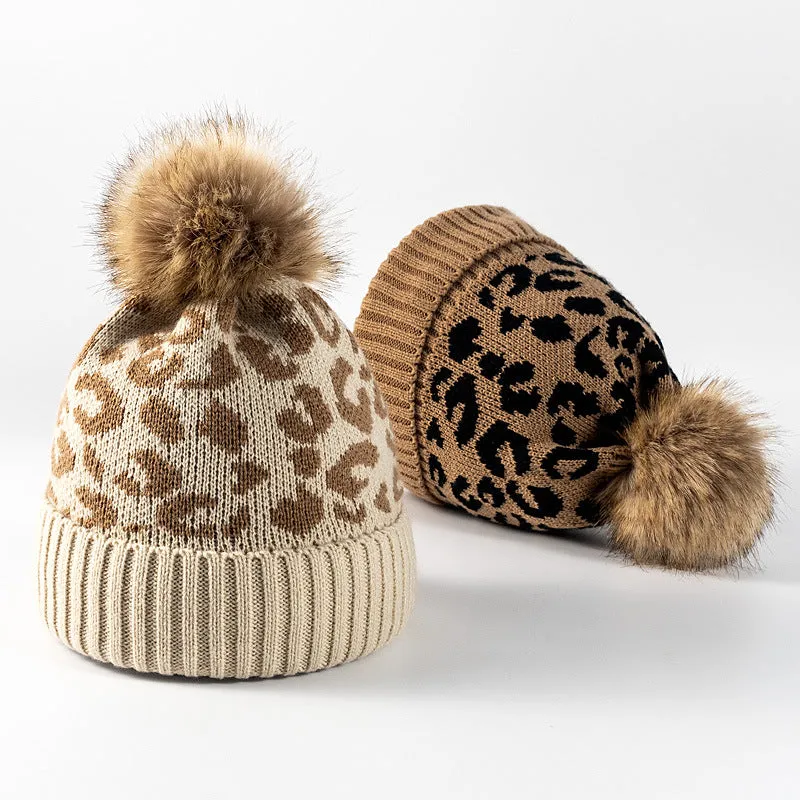 Leopard-print rolled-trimmed pom-pom hat