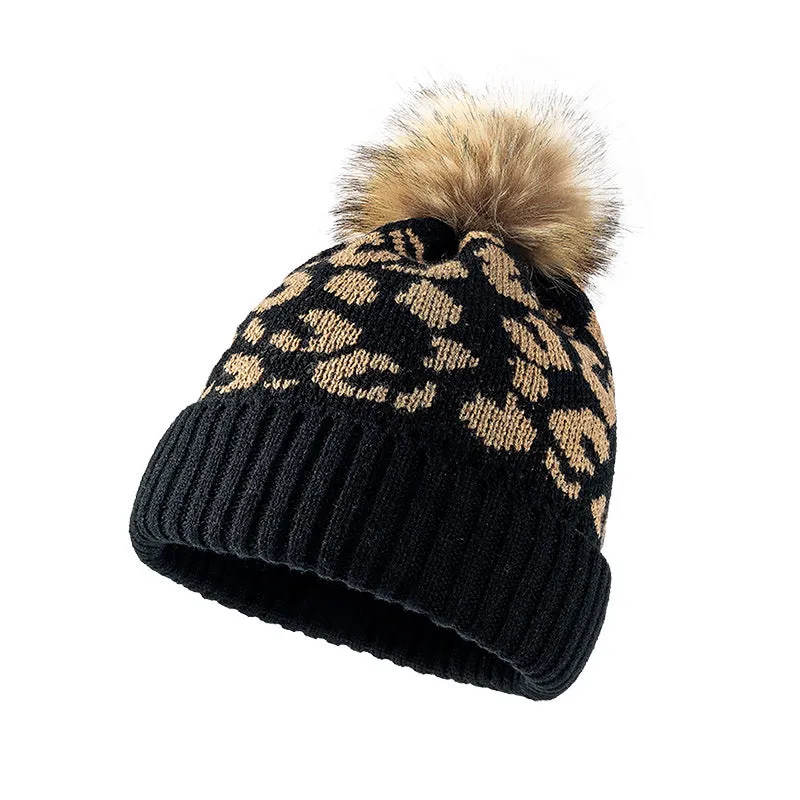 Leopard-print rolled-trimmed pom-pom hat