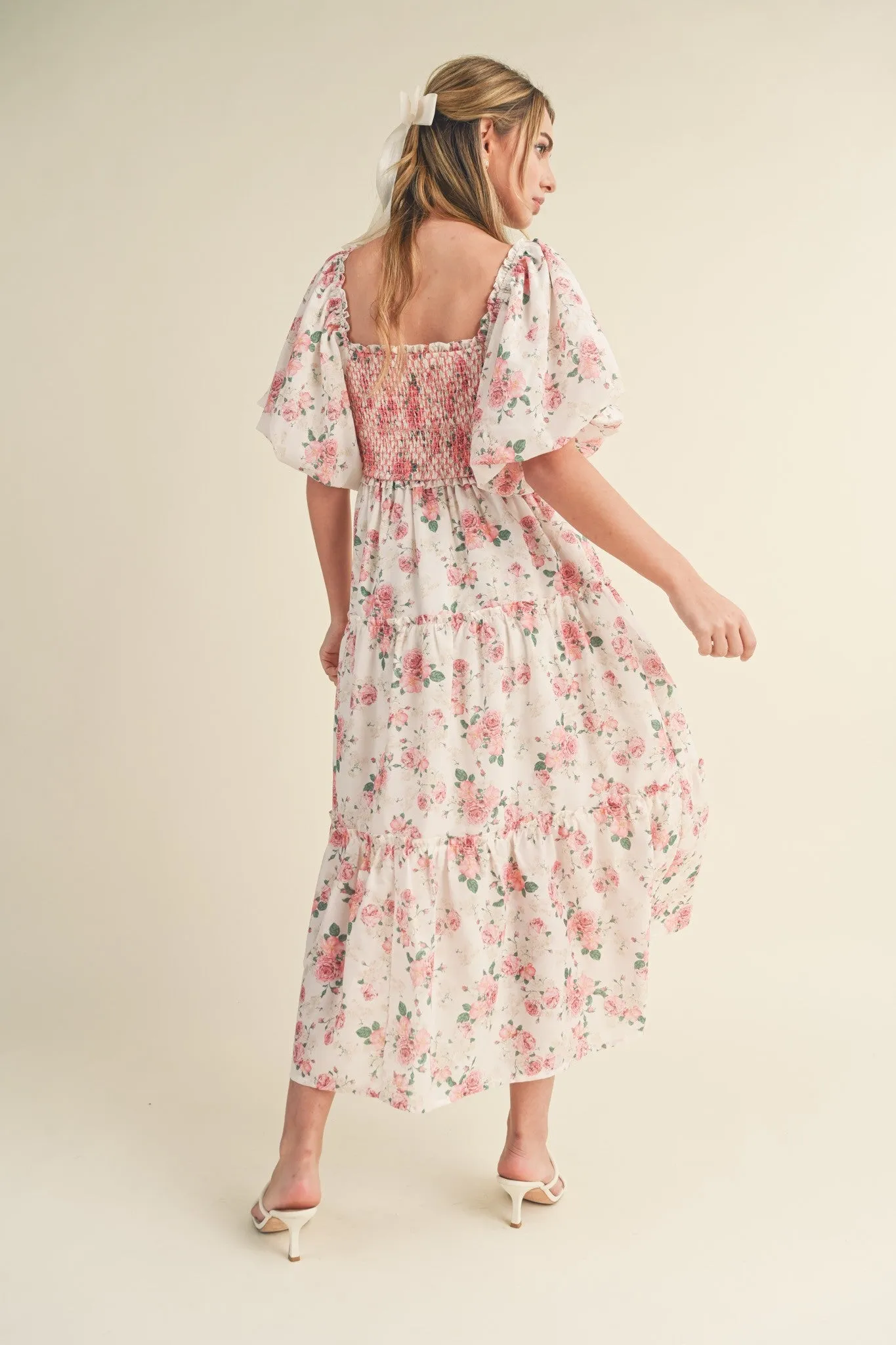 Mia Smocked Floral Puff Sleeve Maxi Dress - Pink