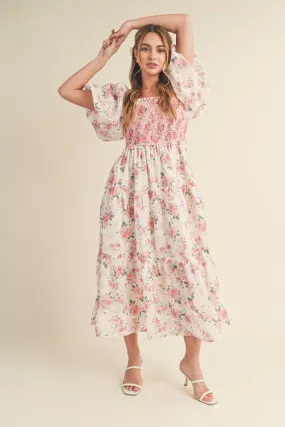 Mia Smocked Floral Puff Sleeve Maxi Dress - Pink