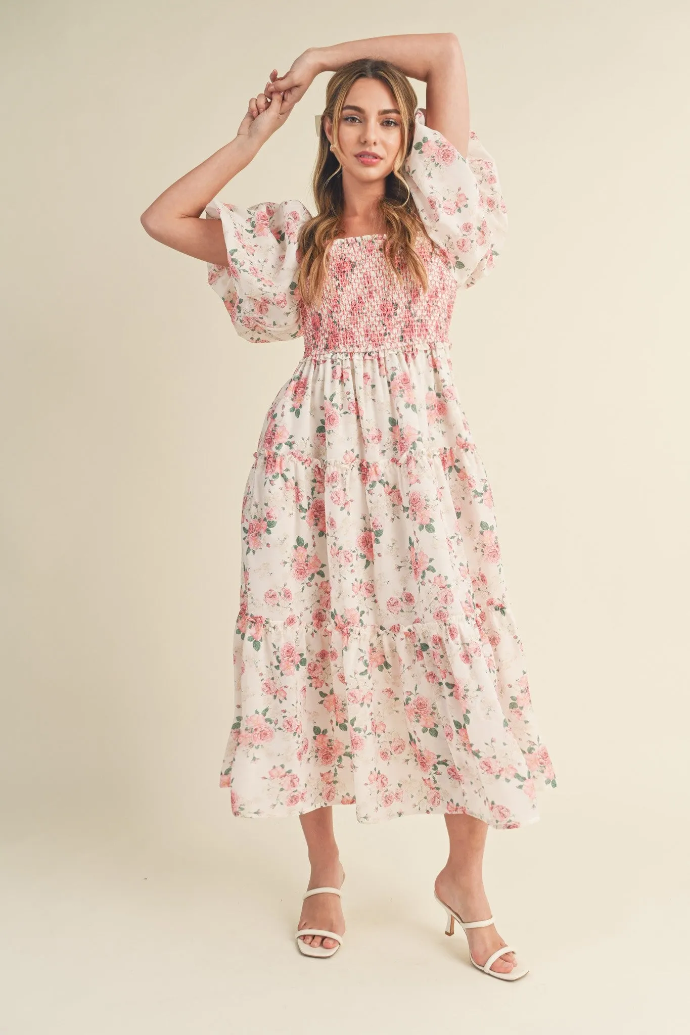 Mia Smocked Floral Puff Sleeve Maxi Dress - Pink