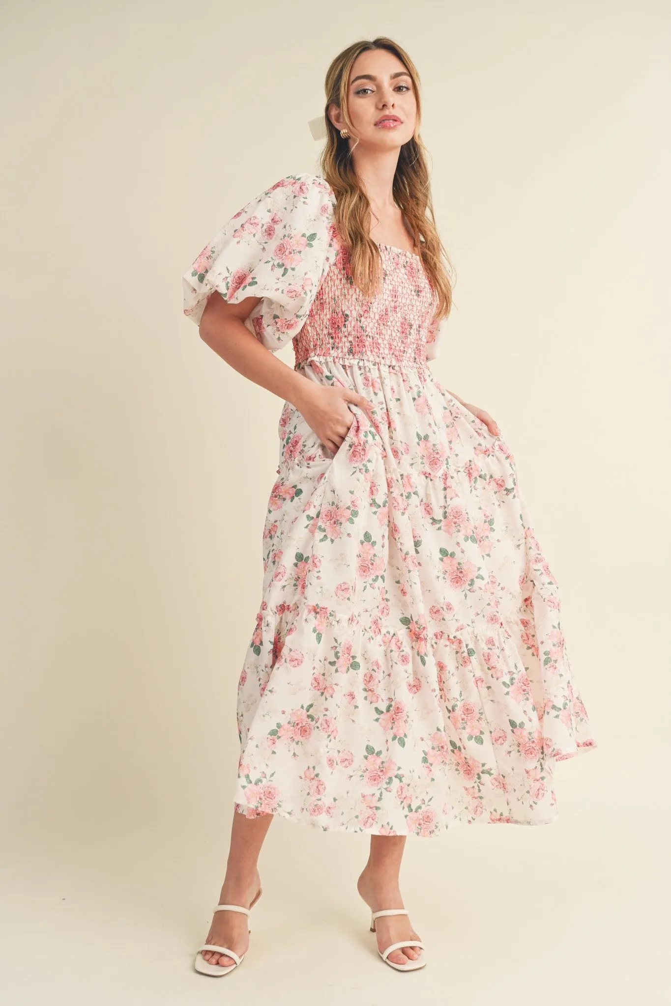 Mia Smocked Floral Puff Sleeve Maxi Dress - Pink