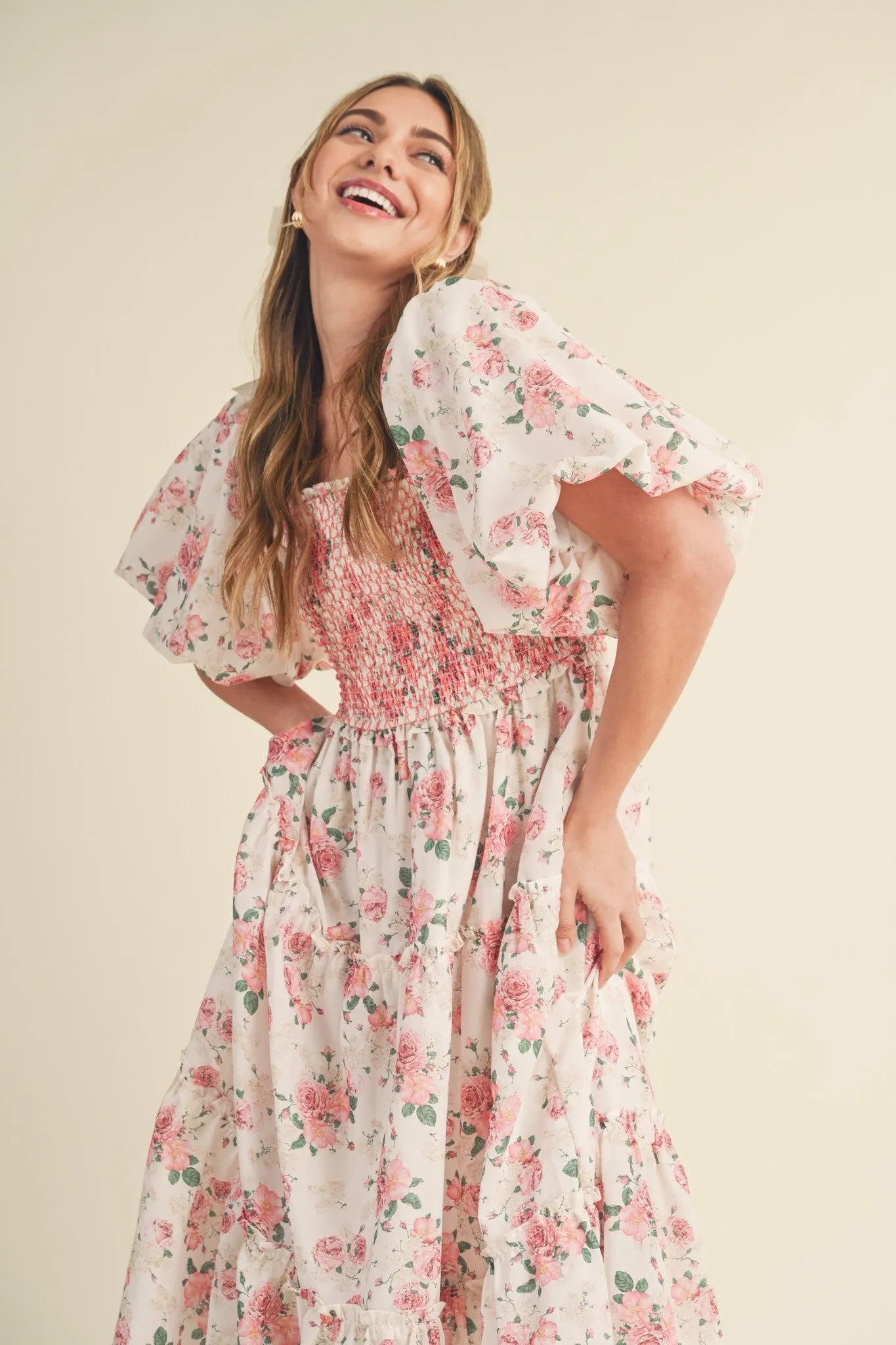 Mia Smocked Floral Puff Sleeve Maxi Dress - Pink