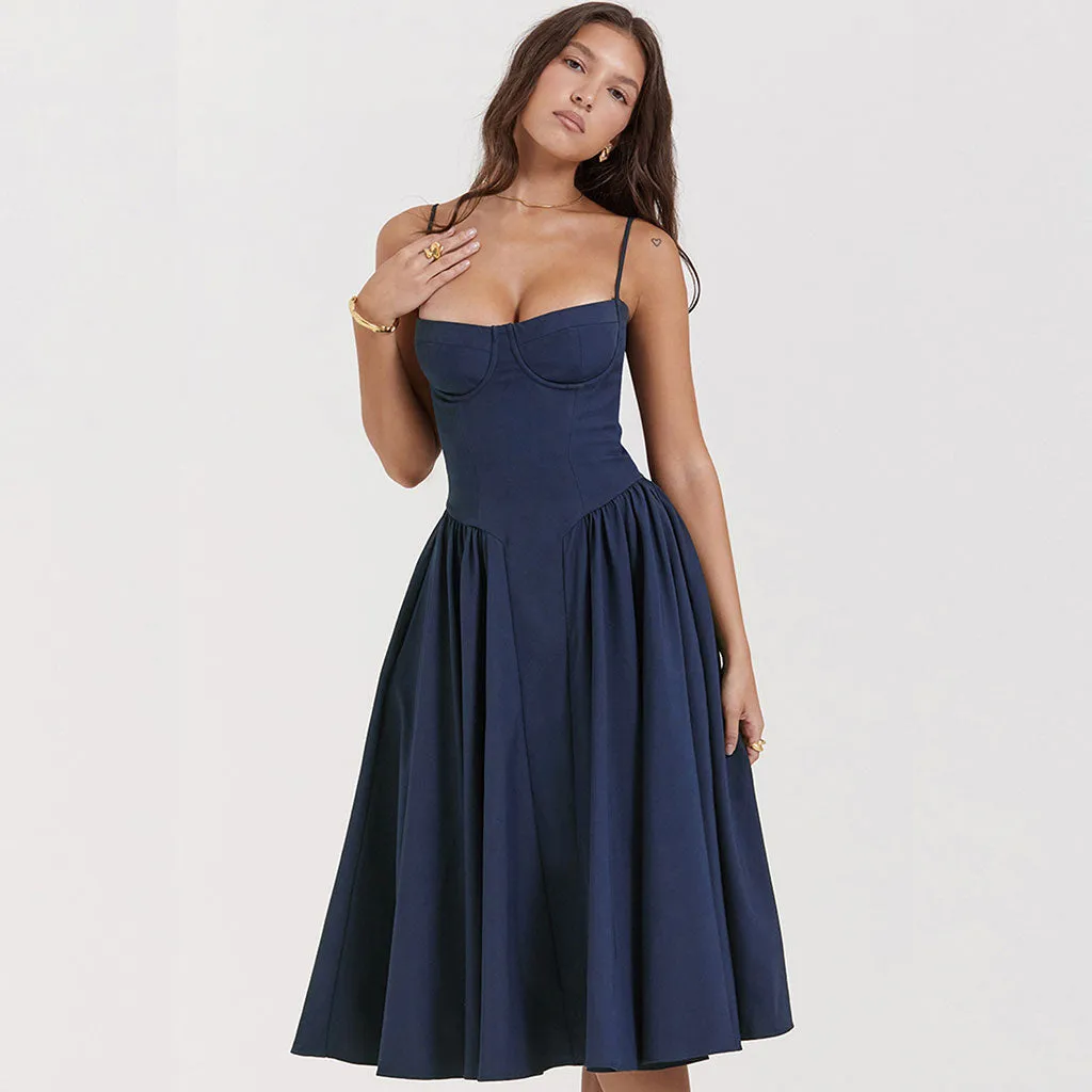 Minimalist Solid Sweetheart Neck Drop Waist Fit and Flare Midi Cami Sundress