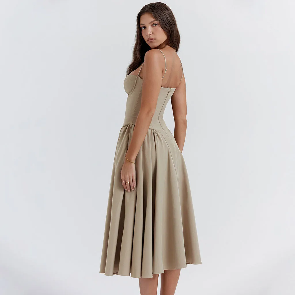 Minimalist Solid Sweetheart Neck Drop Waist Fit and Flare Midi Cami Sundress