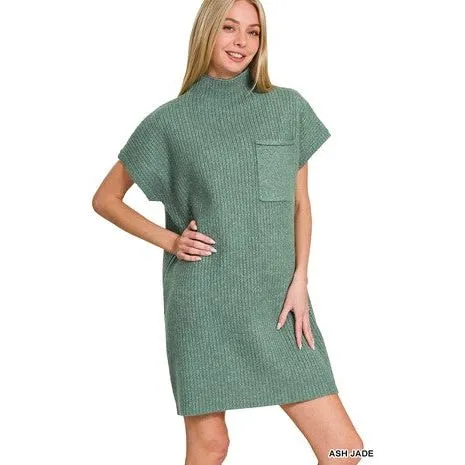 Mock Neck Short Sleeve Sweater Dress With Pocket