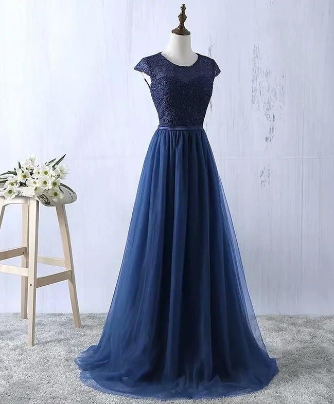 Navy Blue Tulle Long Bridesmaid Dresses, Navy Blue Bridesmaid Dresses