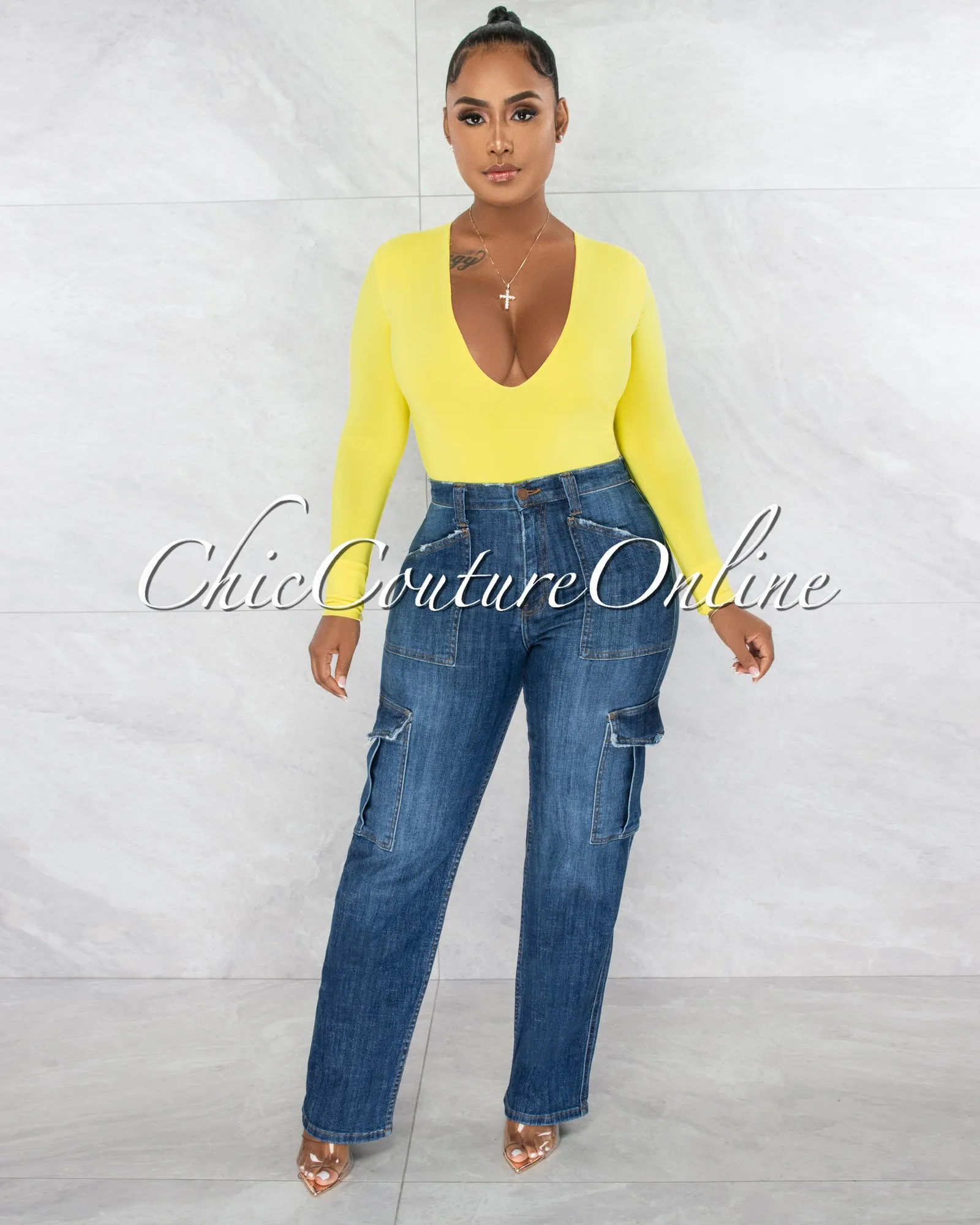 Nilam Yellow Depp V Neck Long Sleeves Bodysuit