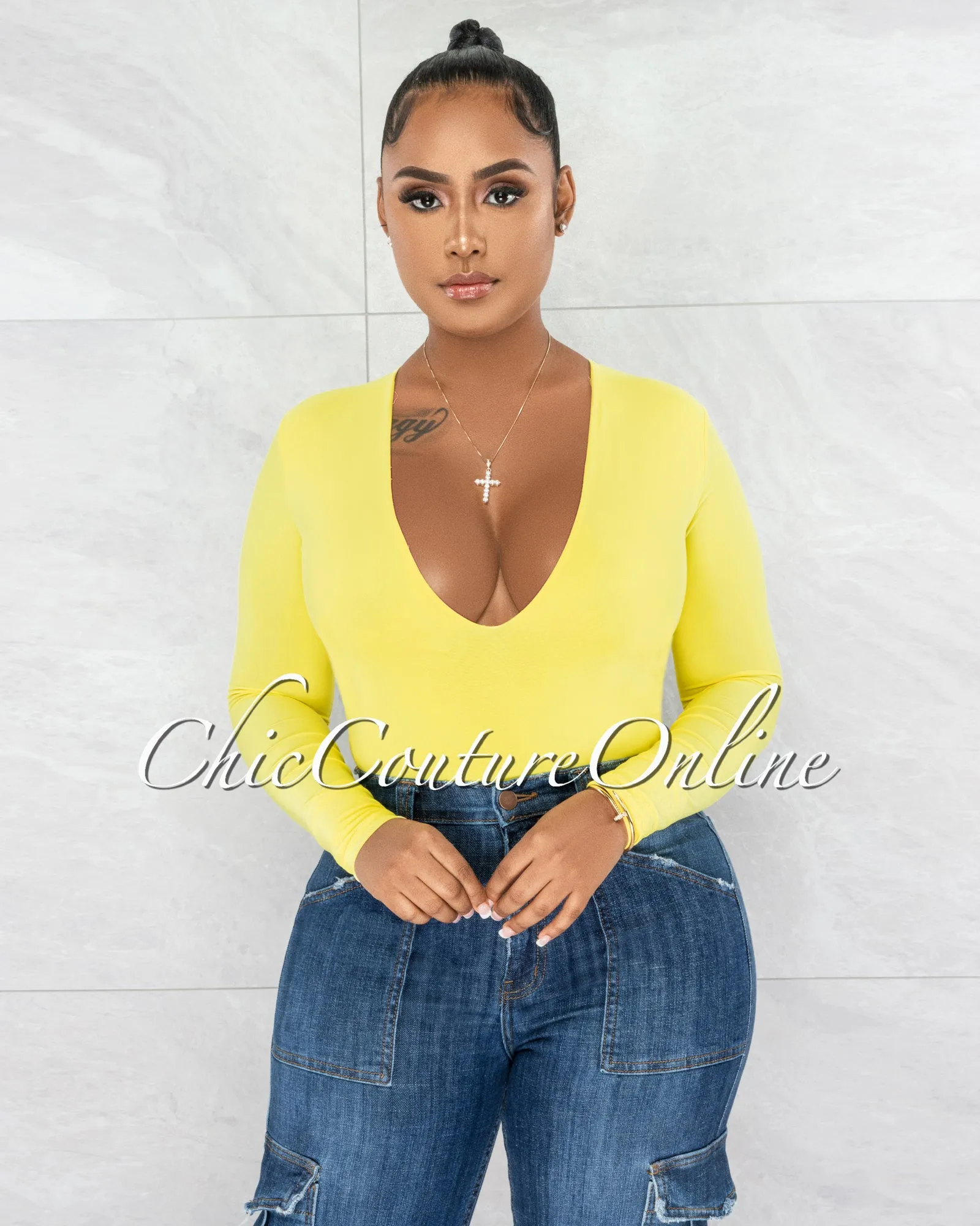 Nilam Yellow Depp V Neck Long Sleeves Bodysuit