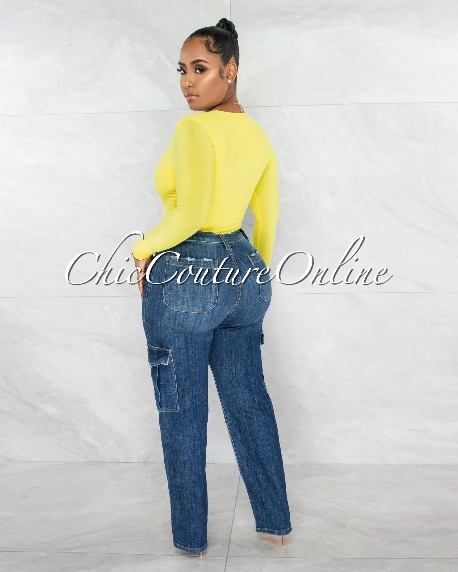 Nilam Yellow Depp V Neck Long Sleeves Bodysuit