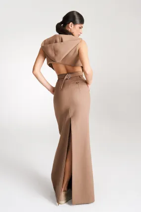 ’Noelle’ Beige High Waisted Tailored Maxi Skirt