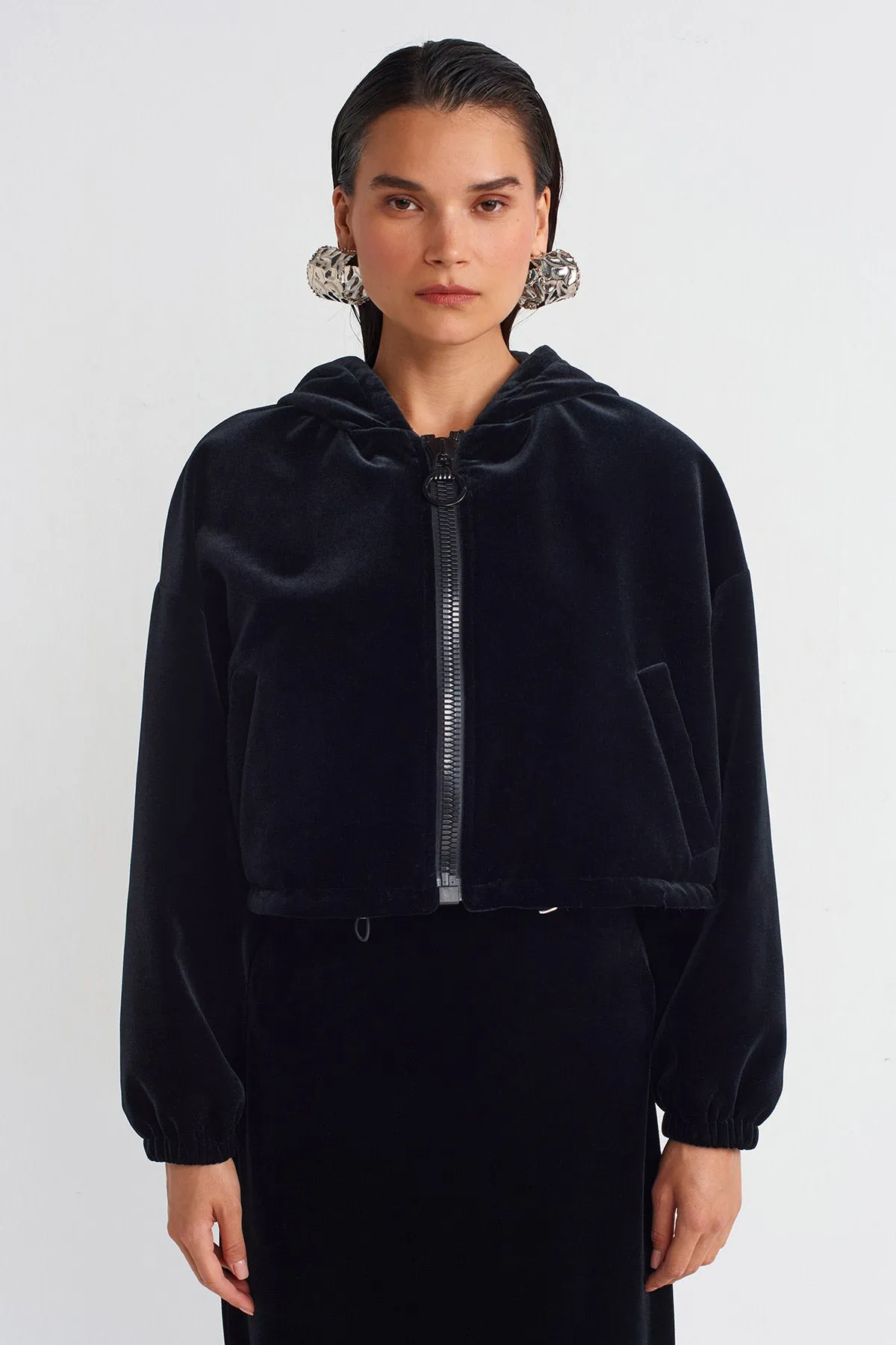 Nu Velvet Hooded Bomber Black