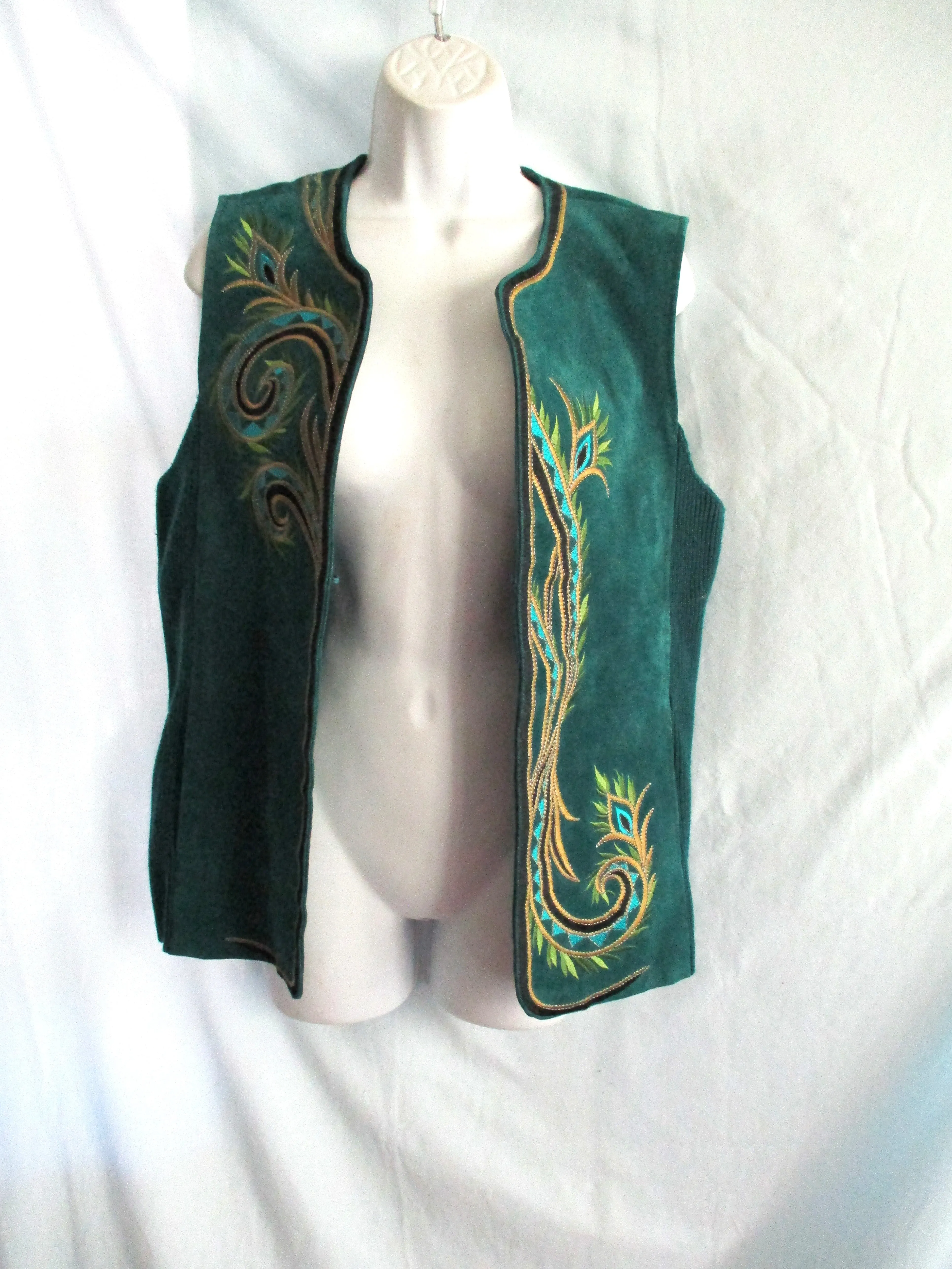 NWT NEW BOB MACKIE WEARABLE ART LEATHER Embroidered PEACOCK VEST S Boho Hippie Western