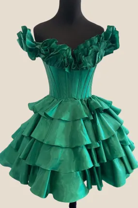 Off the Shoulder Green Ruffles A-line Short Dress