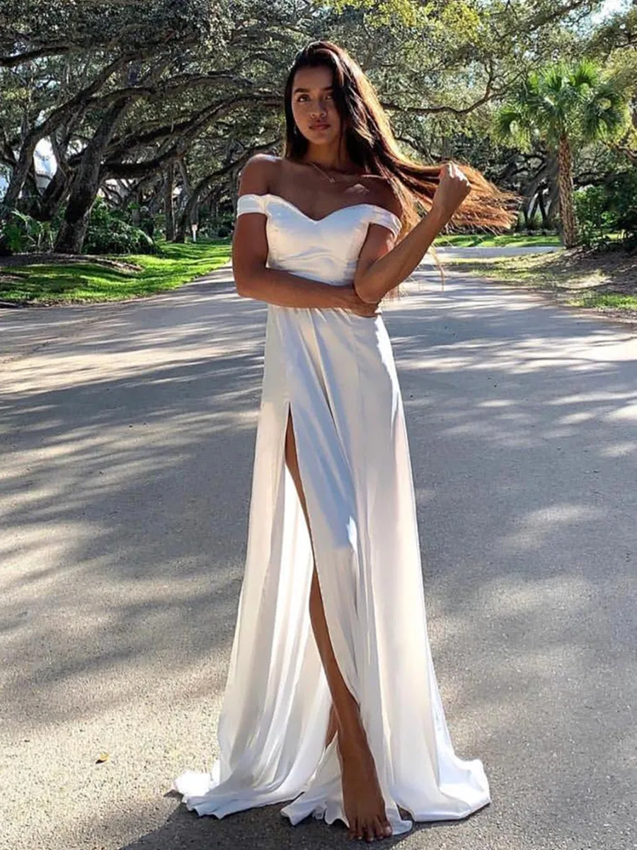 Off the Shoulder High Split White Long Prom, Off Shoulder White Formal, Evening