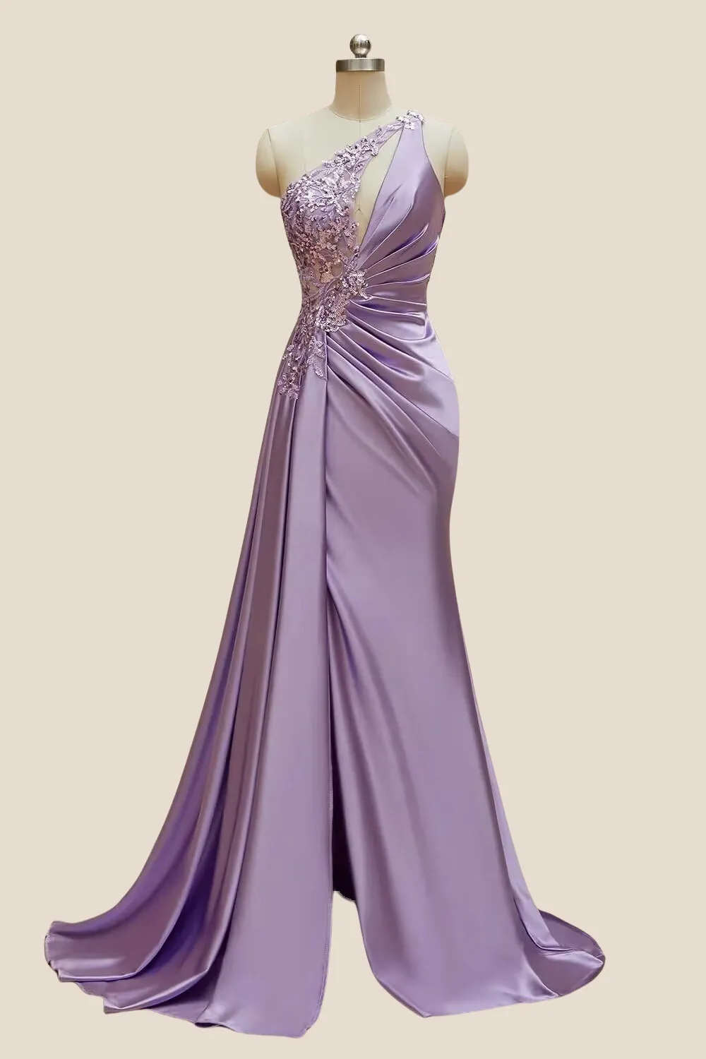 One Shoulder Lilac Sequin Ruched Long Dress