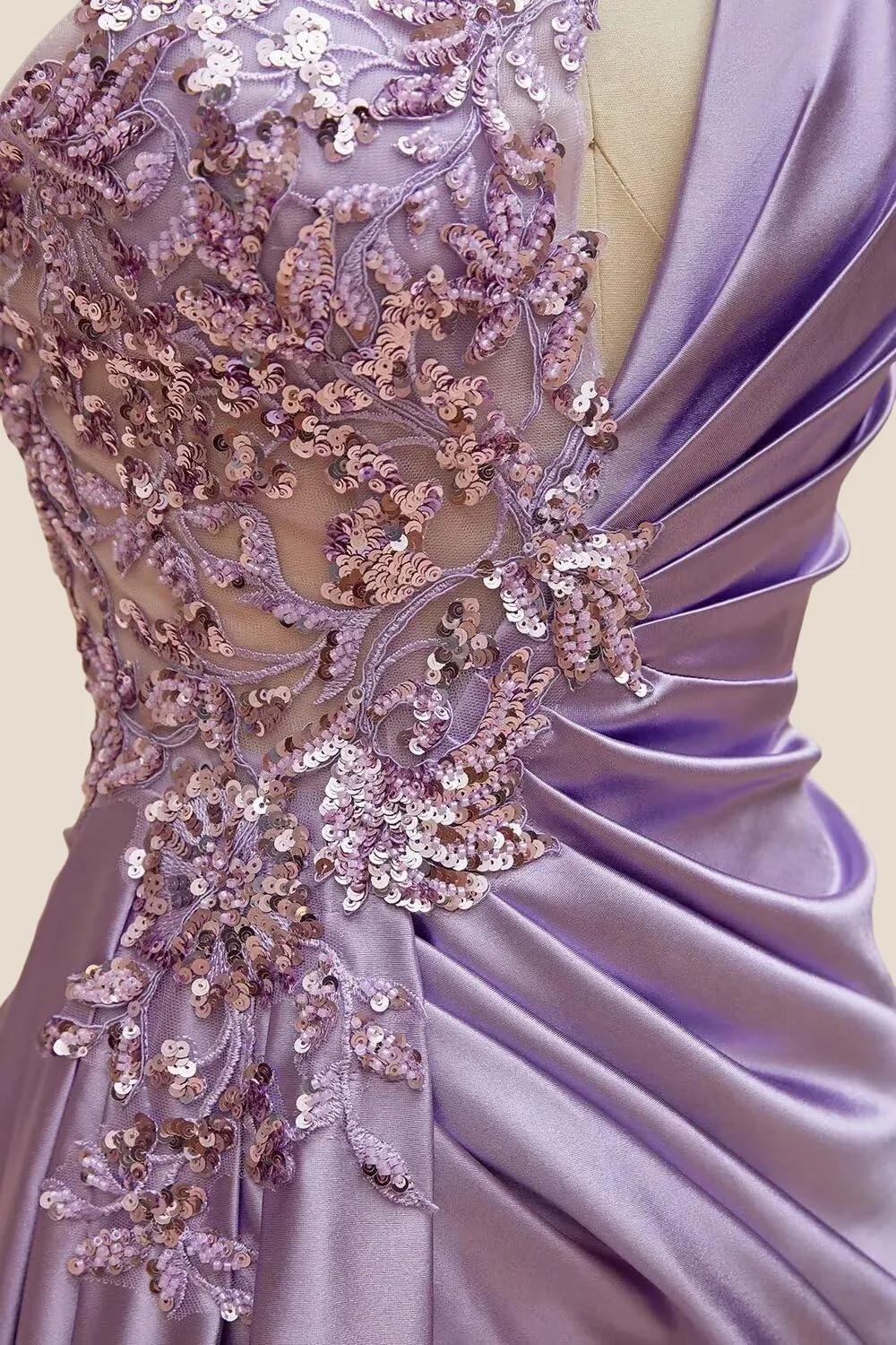 One Shoulder Lilac Sequin Ruched Long Dress