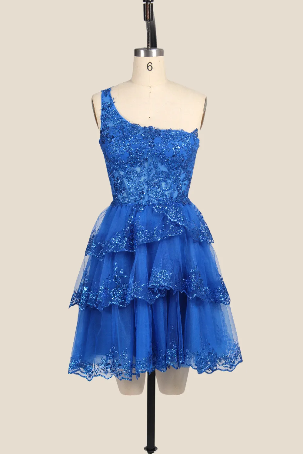 One Shoulder Royal Blue Sequin Tiered Short Dress