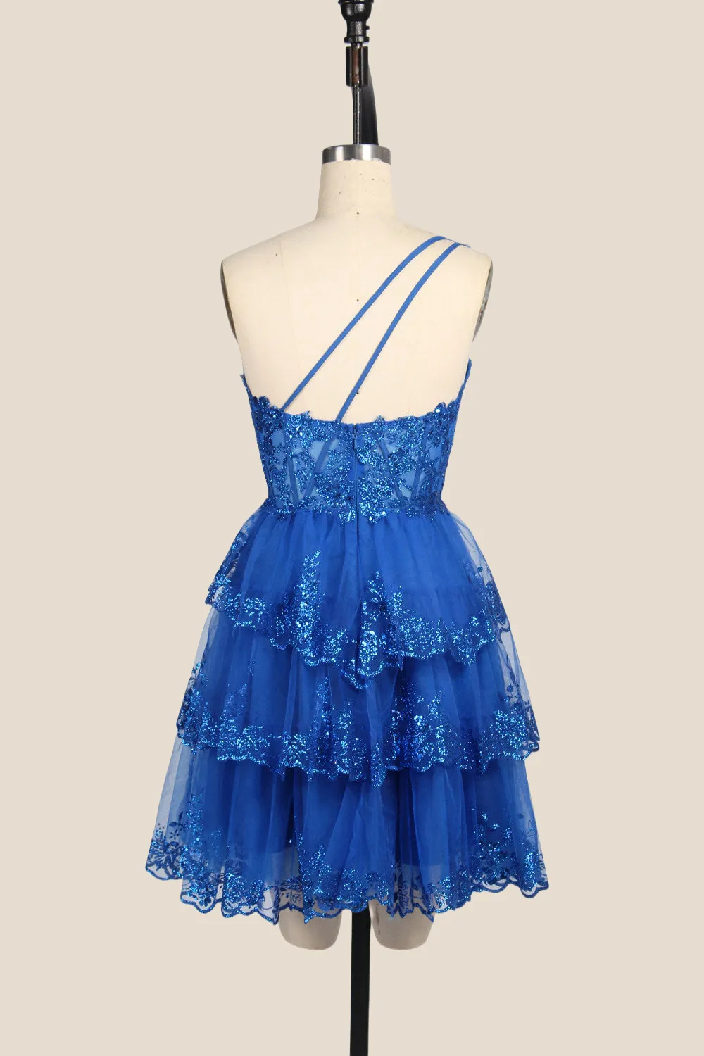 One Shoulder Royal Blue Sequin Tiered Short Dress