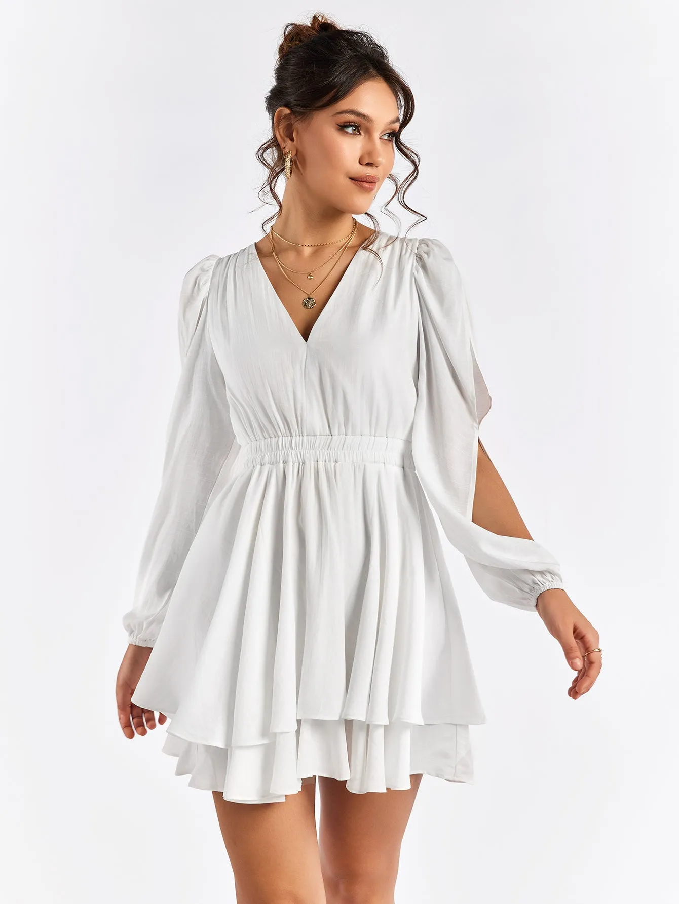 Openwork Sleeve V-Neck Tiered Mini Dress