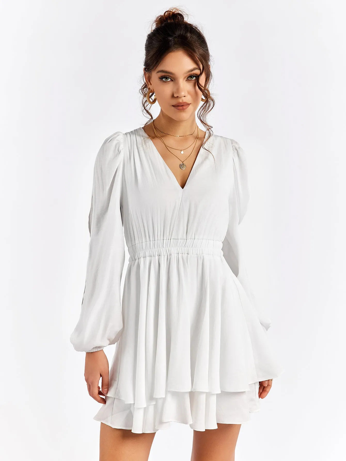 Openwork Sleeve V-Neck Tiered Mini Dress