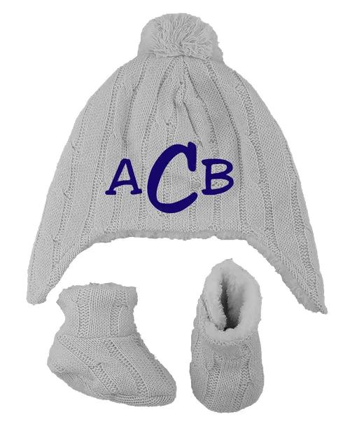 Personalized Cable Knit Hat & Bootie Set - Grey