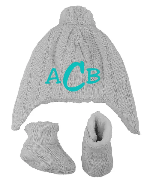 Personalized Cable Knit Hat & Bootie Set - Grey