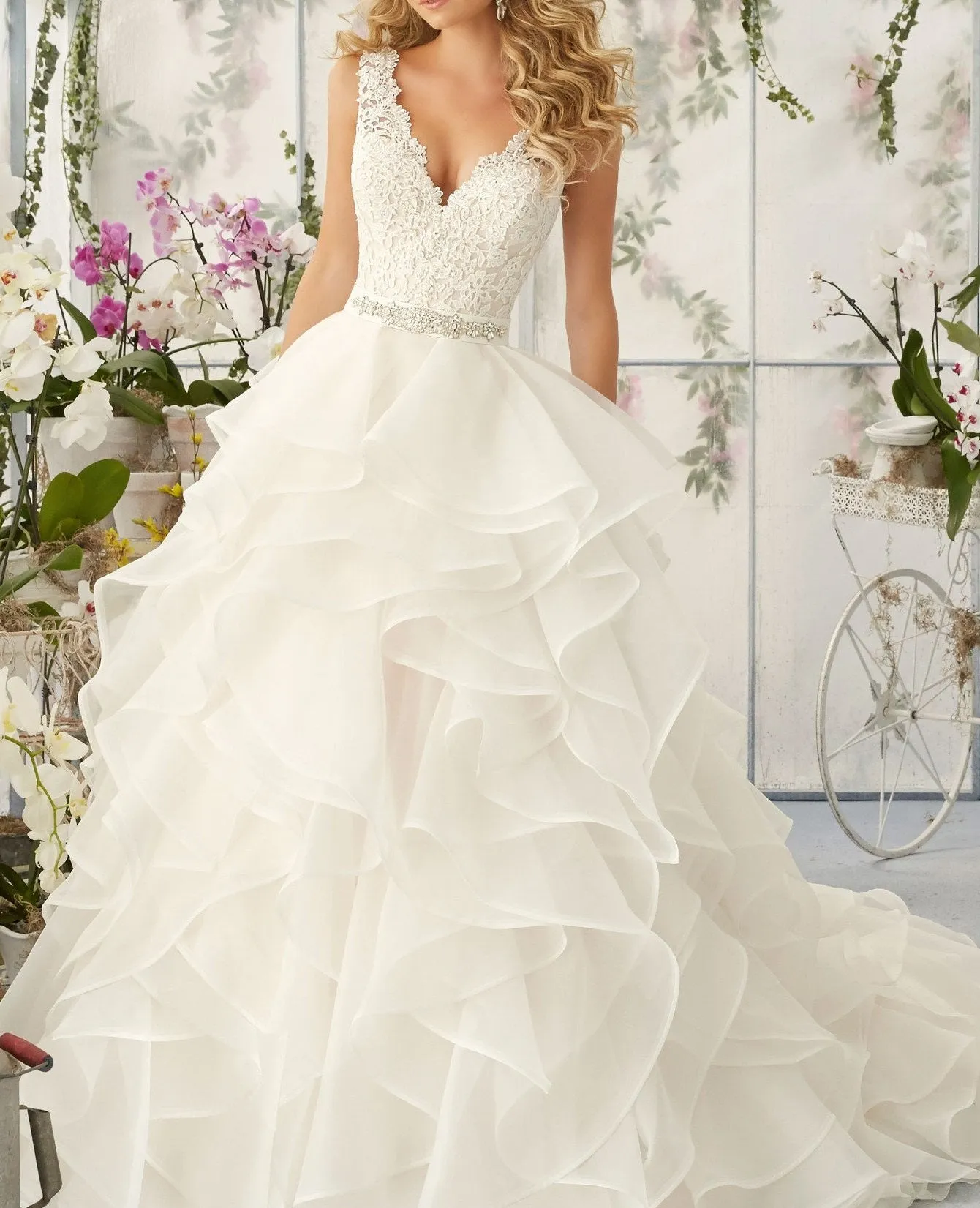 Princess  Ruffles Tiered V Neck Wedding Dresses with Beaded Lace