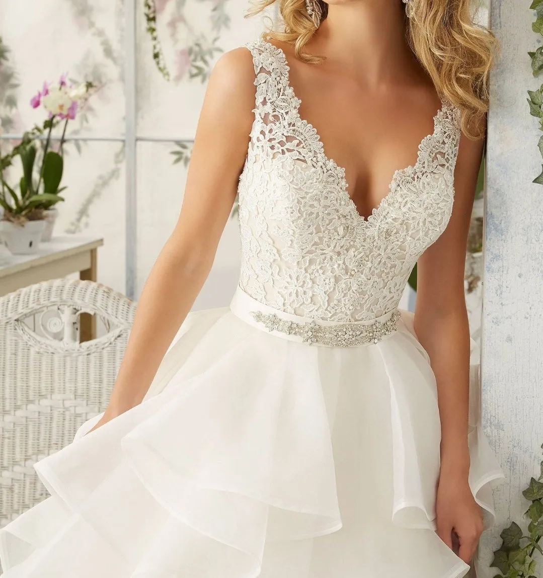 Princess  Ruffles Tiered V Neck Wedding Dresses with Beaded Lace