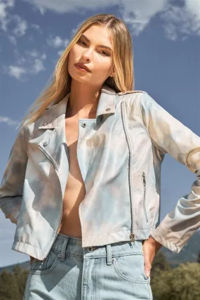 "Vanilla Sky" Light-Blue Vegan Leather Tie-Dye Print Long Sleeve Classic Bicker Jacket  /3-2-1