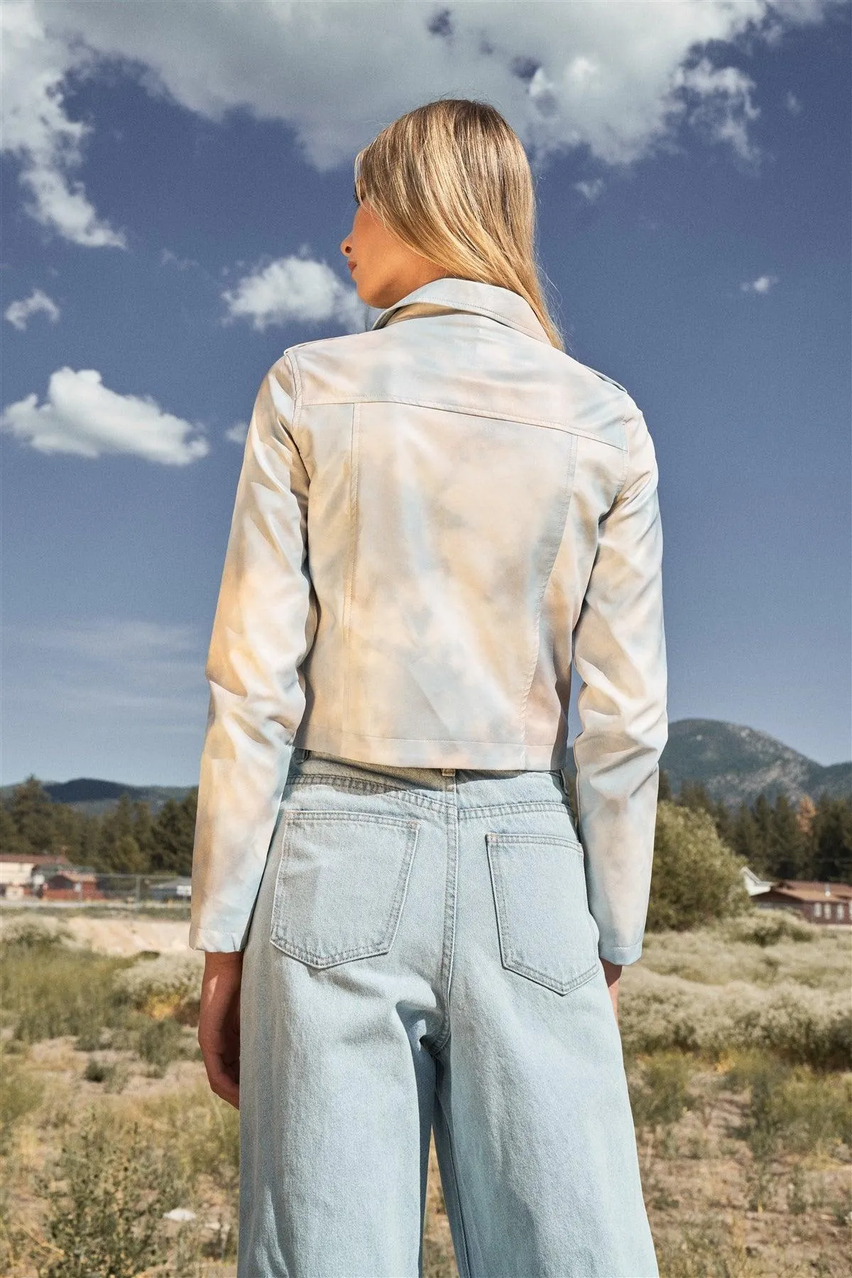 "Vanilla Sky" Light-Blue Vegan Leather Tie-Dye Print Long Sleeve Classic Bicker Jacket  /3-2-1