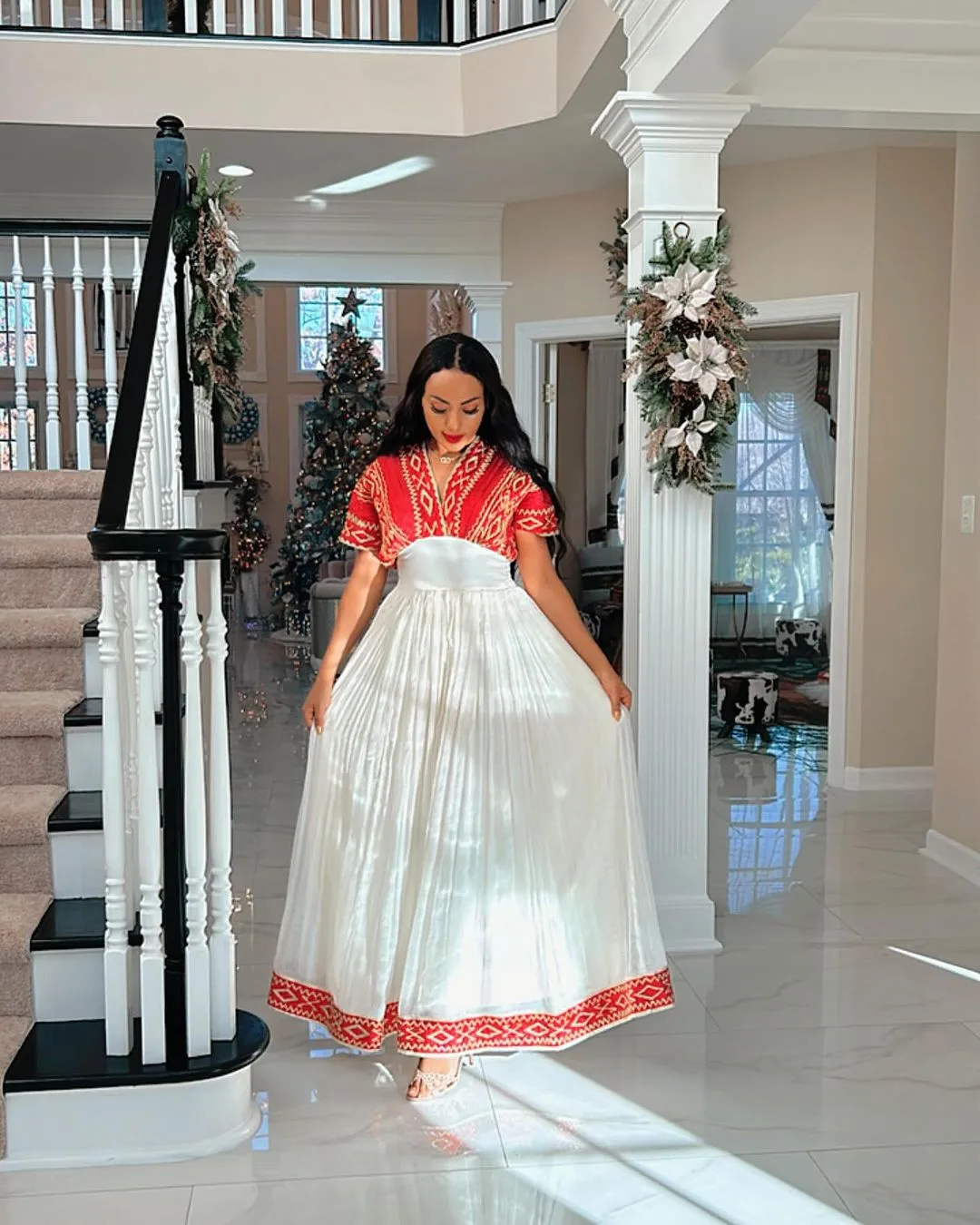 Red Chic Habesha Dress With White Details Modern Habesha Kemis Ethiopian Dress Style