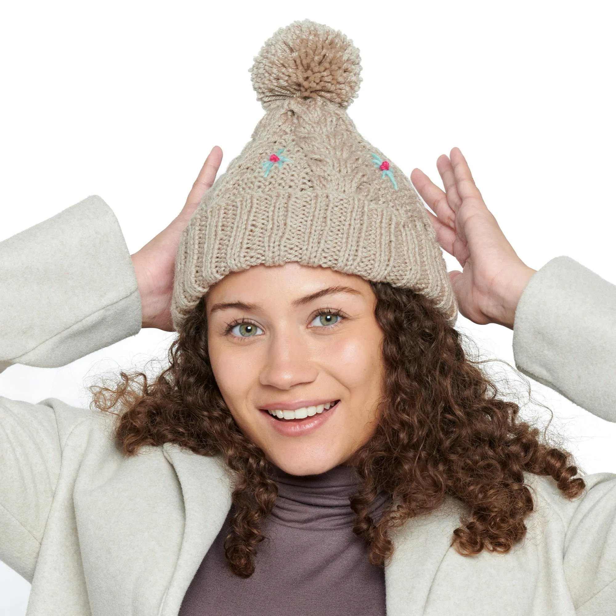 Red Heart Embroidered Cable Knit Hat