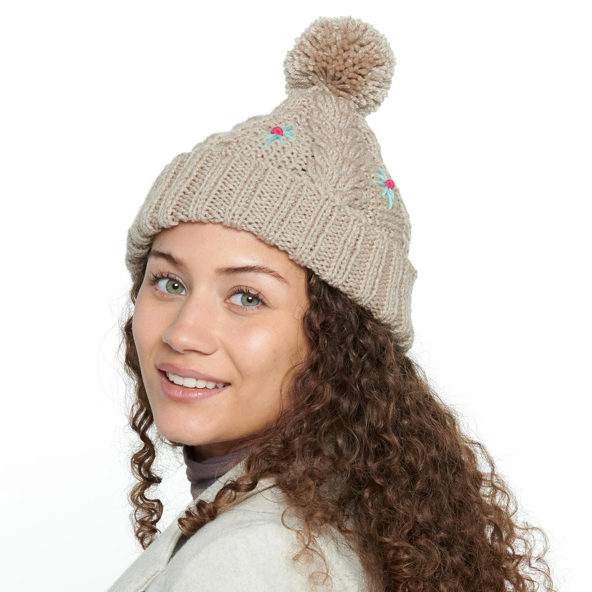 Red Heart Embroidered Cable Knit Hat