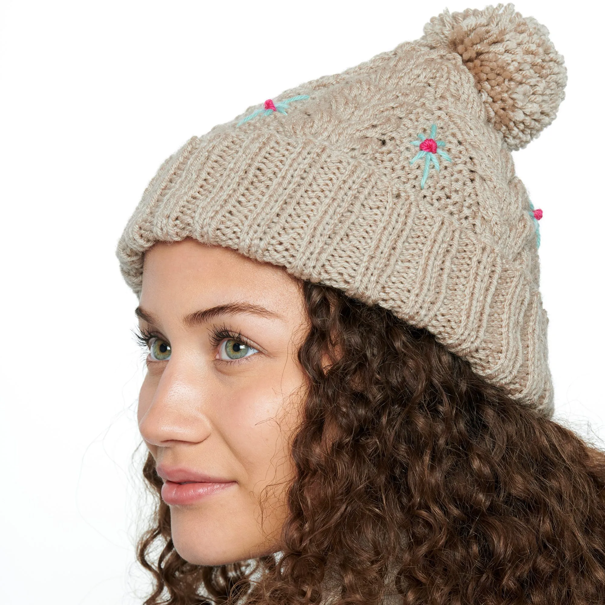 Red Heart Embroidered Cable Knit Hat