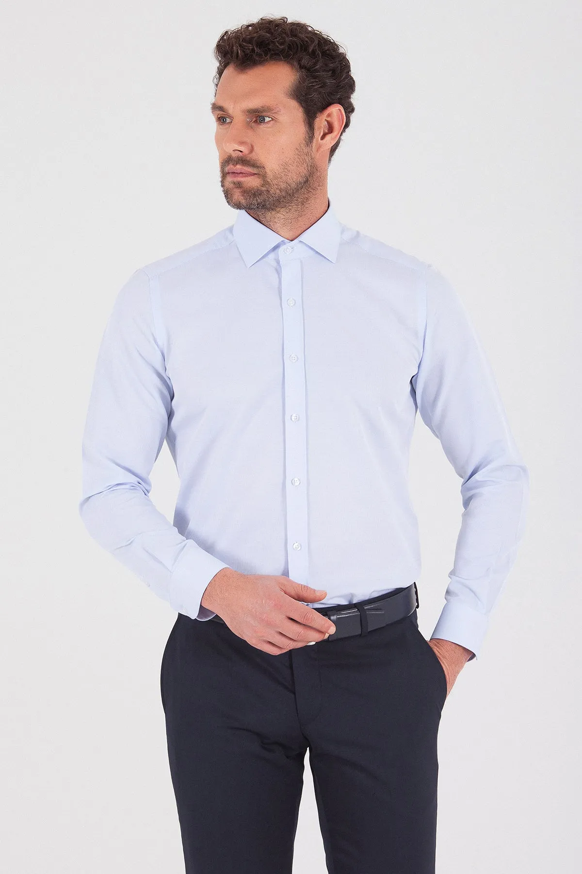 Regular Fit Long Sleeve Plain Cotton Blend Dress Shirt, Ice Blue