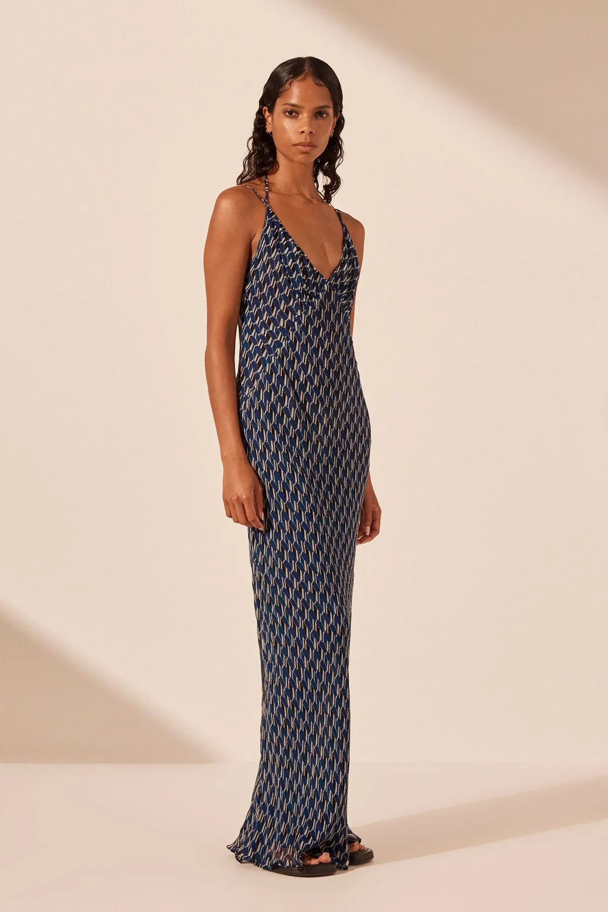 RENATA LAYERED HALTER PLUNGED SLIP MAXI DRESS