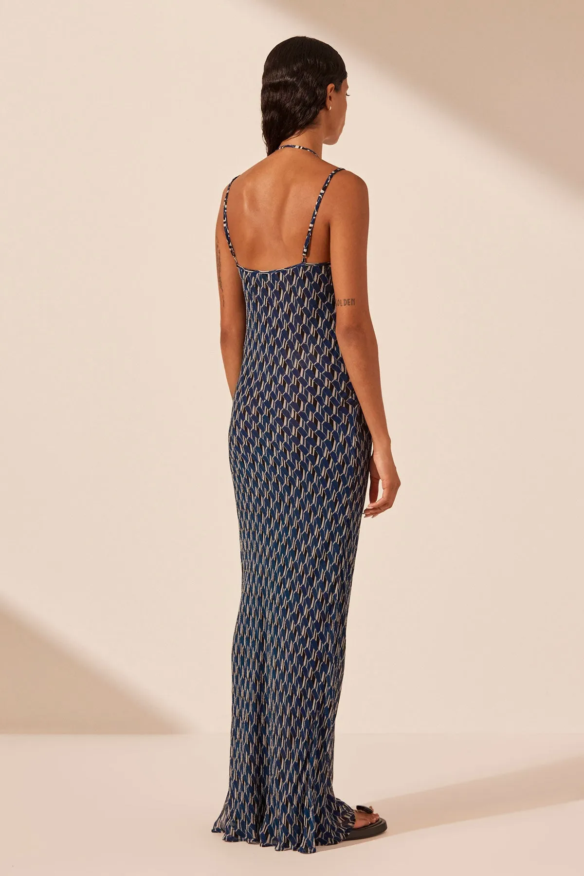 RENATA LAYERED HALTER PLUNGED SLIP MAXI DRESS